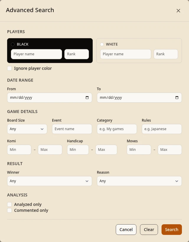 Advanced search with filters for players, dates, rules, and analysis status