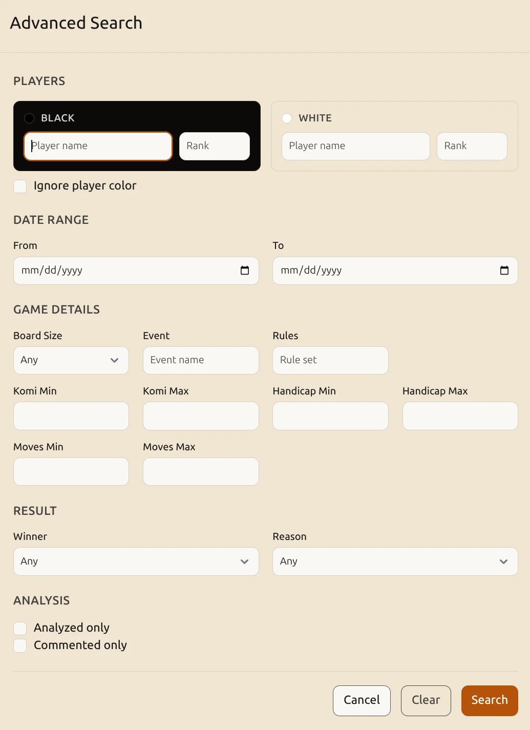 Advanced search with filters for players, dates, rules, and analysis status