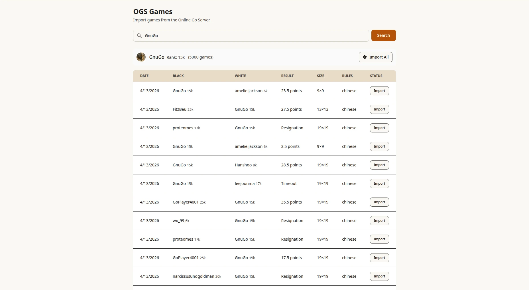 Import games directly from the Online Go Server by username