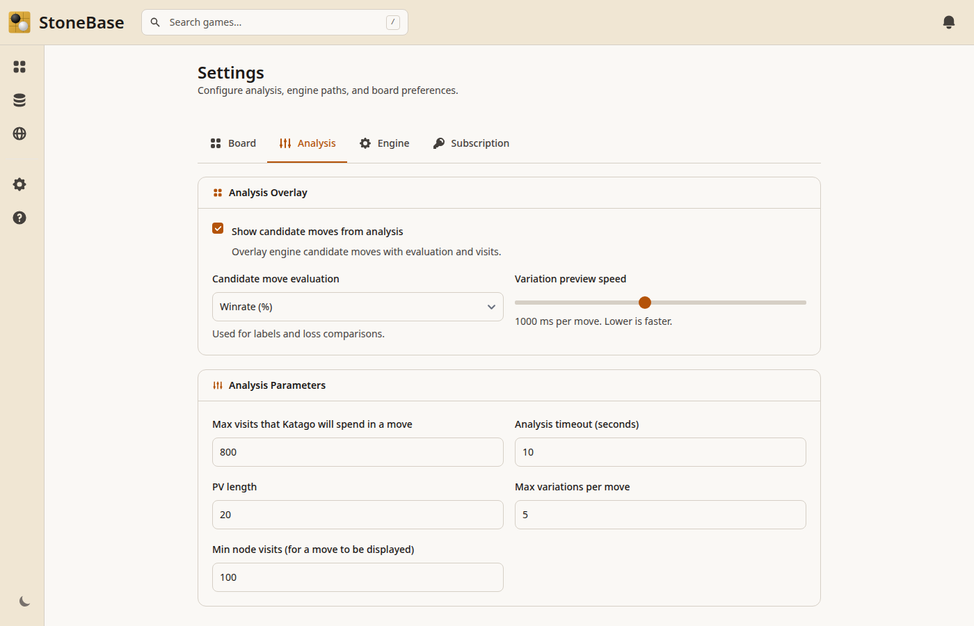 StoneBase Analysis settings with visit count, threads, and variation parameters