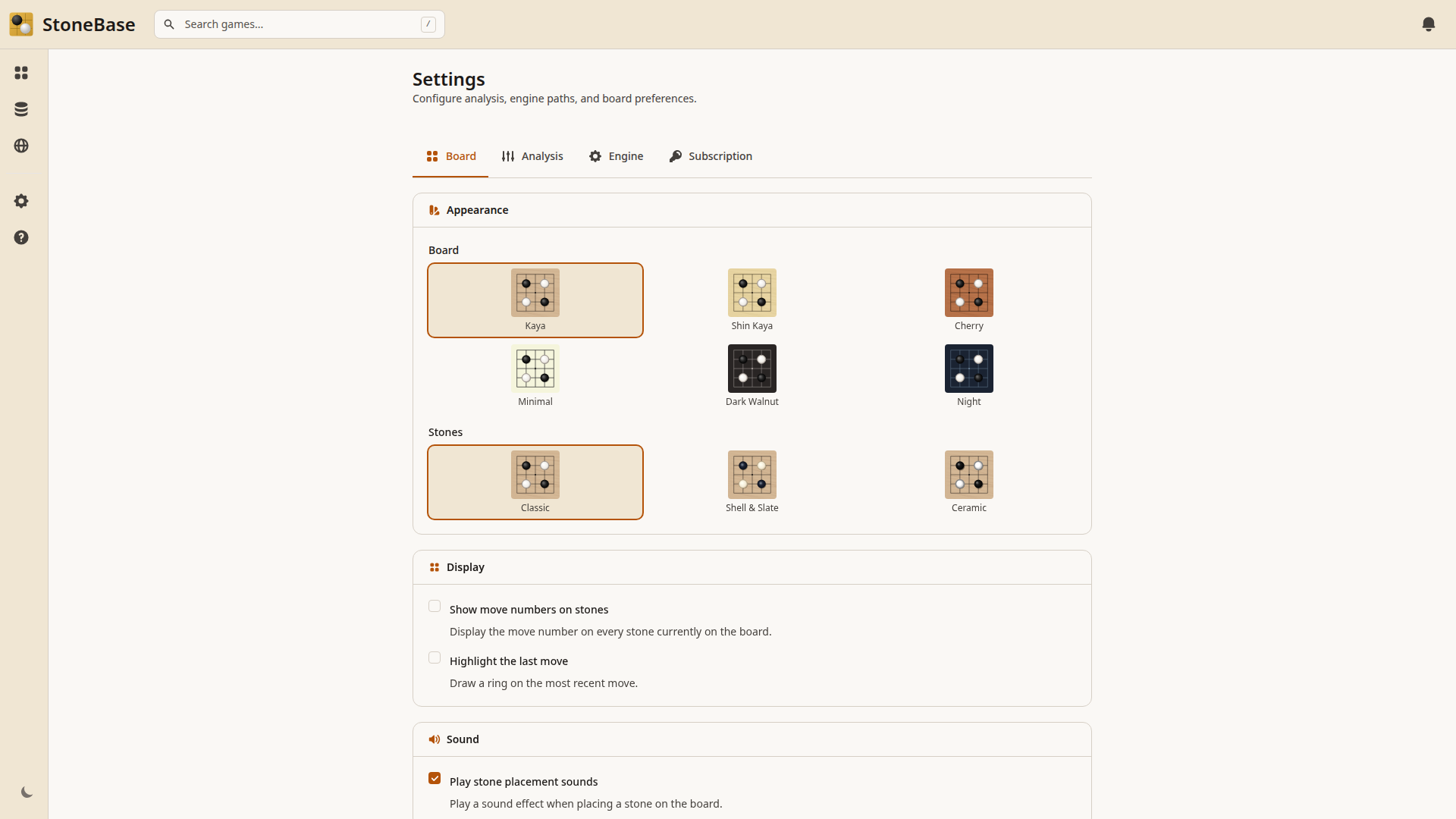 StoneBase Engine settings showing KataGo binary path, config file, and engine status