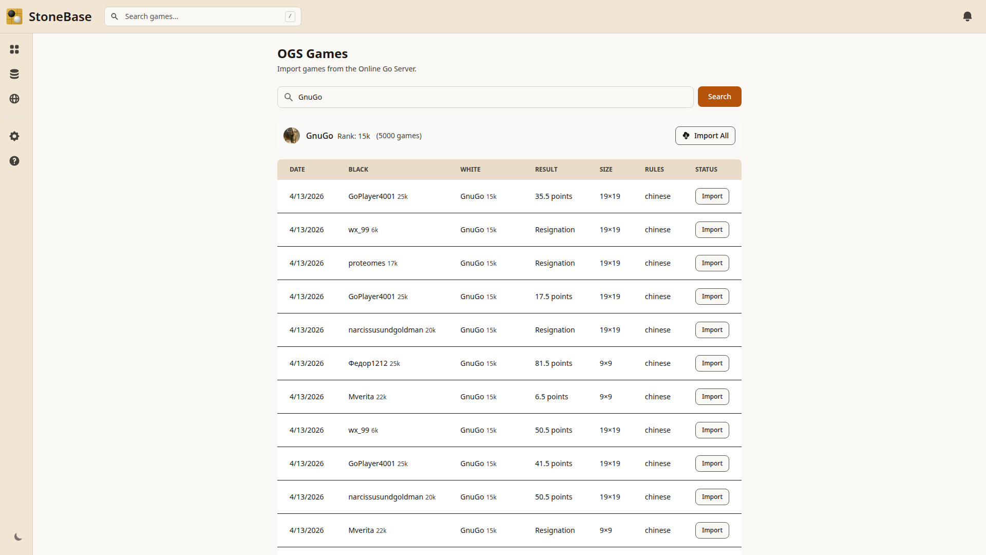StoneBase OGS Games page showing search results for a player with game list, dates, and import buttons