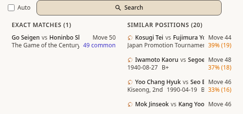 StoneBase Position Search showing exact matches and similar positions from a game library